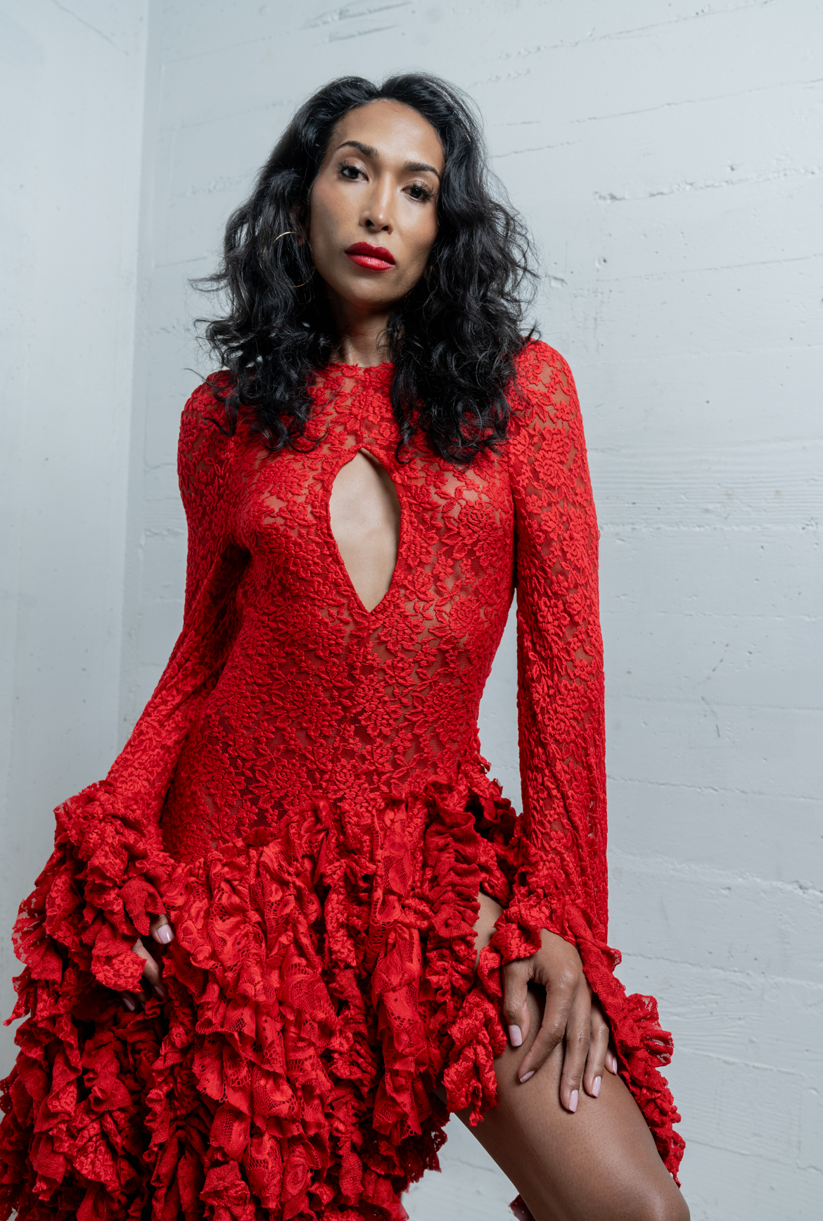 flame red dress Red Metallic Mermaid Dress with Rhinestones S / Red