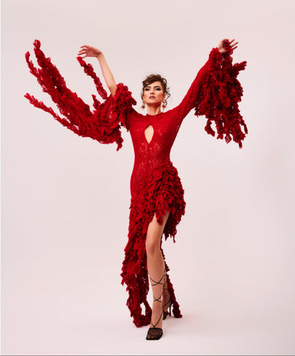 Red ruffled dress worn by a model on a white background